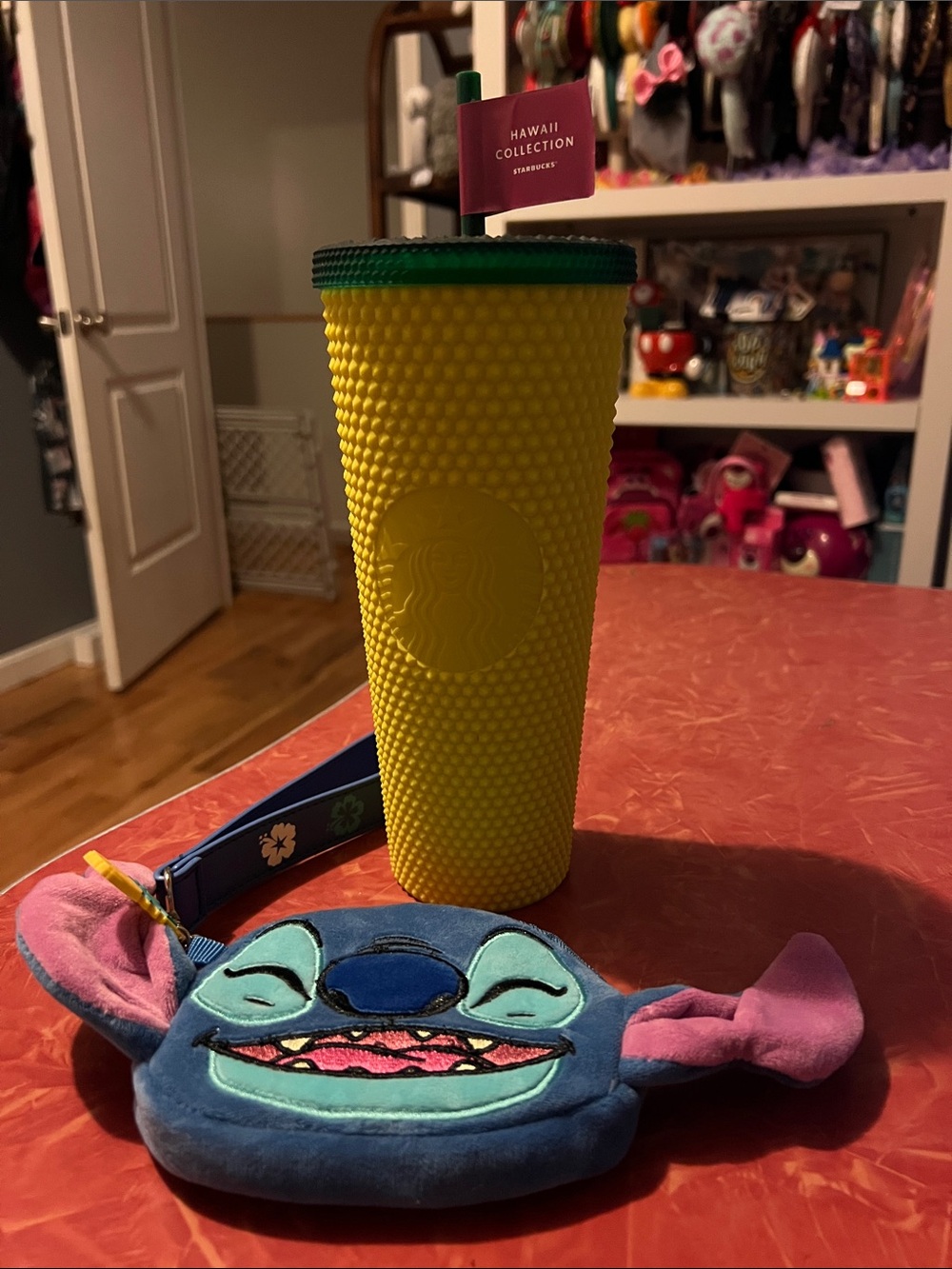 Starbucks Yellow Studded Tumbler with Green Lid and Straw and Stitch Wristlet